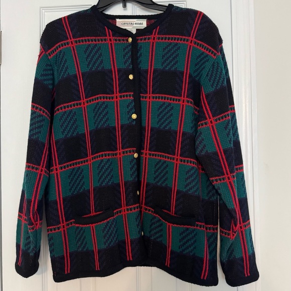 Crystal-Kobe Sweaters - Vintage Crystal Kobe Plaid Holiday Cardigan‎ Sweater
